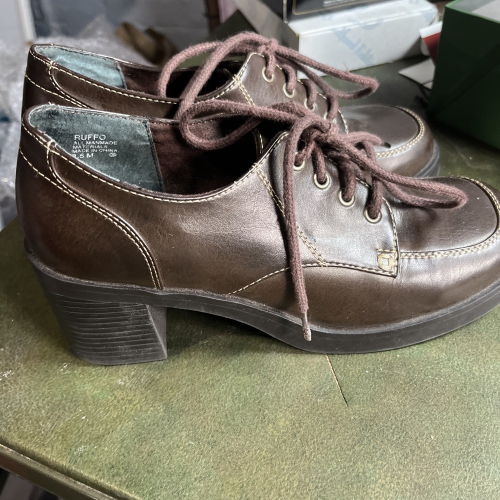 VTG Mudd Y2K Brown Plaid Patch Chunky Heel Disco Loafers SZ 8.5 90's Lace Up